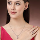 Rhodium Plated Silver Toned Tear Dropped Shaped Ruby Red American Diamond Studded Pendant Combo With Ring