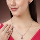 Rhodium Plated Silver Toned Tear Dropped Shaped Ruby Red American Diamond Studded Pendant Combo With Ring