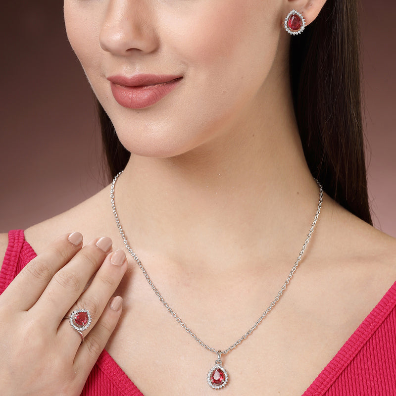 Rhodium Plated Silver Toned Tear Dropped Shaped Ruby Red American Diamond Studded Pendant Combo With Ring