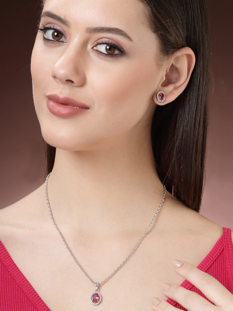 Rhodium Plated Silver Toned Oval Shaped Ruby Red American Diamond Studded Pendant Set