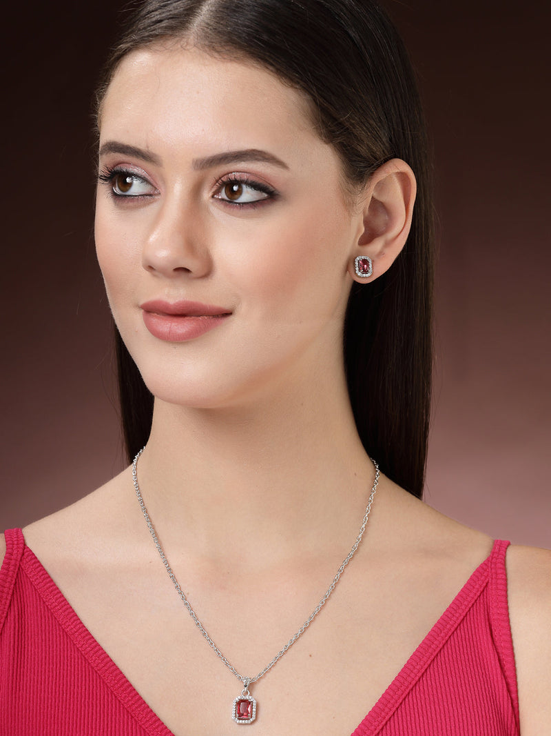 Rhodium Plated Silver Toned Square Shaped Ruby Red American Diamond Studded Pendant Set
