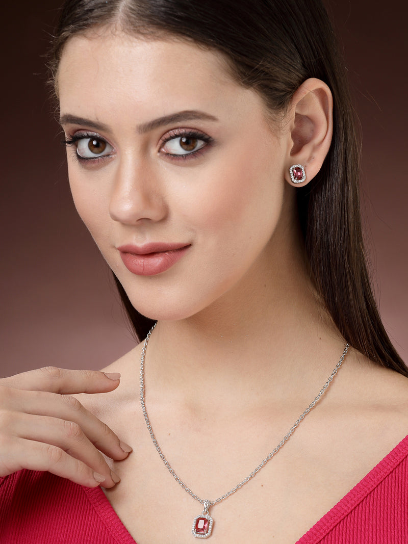 Rhodium Plated Silver Toned Square Shaped Ruby Red American Diamond Studded Pendant Set