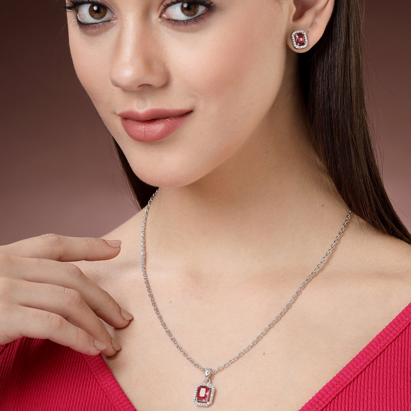 Rhodium Plated Silver Toned Square Shaped Ruby Red American Diamond Studded Pendant Set