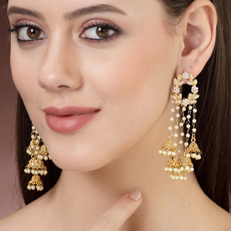 Gold Plated with White Pearl Bedded Handcrafted Jhumka Dangle Earrings