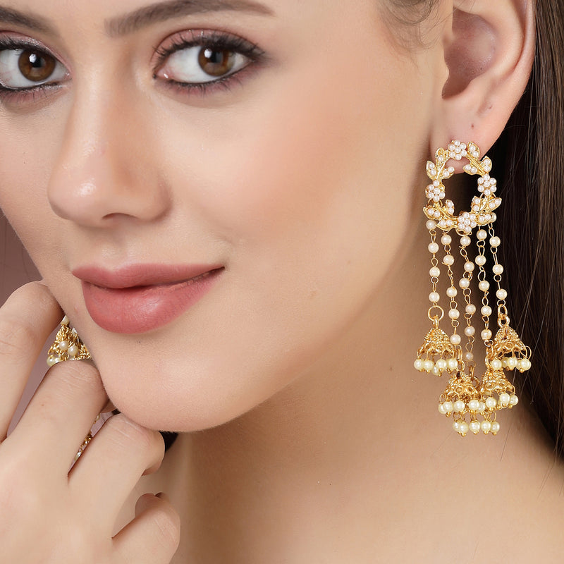 Gold Plated with White Pearl Bedded Handcrafted Jhumka Dangle Earrings