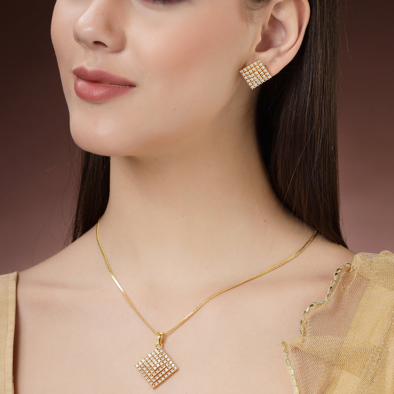 Gold Plated White Stone Studded Square Pendant Set