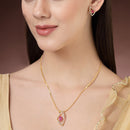Gold Plated Pink Stone Studded  Leaf-Shaped Pendant Set