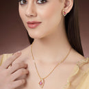 Gold Plated Pink Stone Studded  Leaf-Shaped Pendant Set