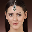 Rhodium Plated Silver Toned Green  American Diamond  Pear  Maang Tikka With Elegant Dangling Stones