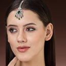 Rhodium Plated Silver Toned Green  American Diamond  Pear  Maang Tikka With Elegant Dangling Stones