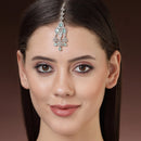 Rhodium Plated Silver Toned Mint Green & White American Diamond Bridal Maang Tikka With Dangling Teardrop Stones