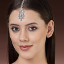 Rhodium Plated Silver Toned Mint Green & White American Diamond Bridal Maang Tikka With Dangling Teardrop Stones