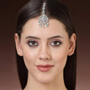 Rhodium Plated Silver Toned Floral Mint Green American Diamond Studded Maang Tikka with Elegant Dangling Stones