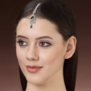 Rhodium Plated Silver Toned Green American Diamond  Floral Teardrop Maang Tikka with Elegant Dangling Stones