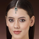 Rhodium Plated Silver Toned Green American Diamond  Floral Teardrop Maang Tikka with Elegant Dangling Stones