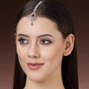 Rhodium Plated Silver Toned Ruby Red American Diamond  Floral Teardrop Maang Tikka  with Elegant Dangling Stones