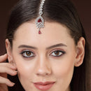 Rhodium Plated Silver Toned Ruby Red American Diamond  Floral Teardrop Maang Tikka  with Elegant Dangling Stones