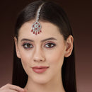 Rhodium Plated Silver Toned Floral Red American Diamond Studded Maang Tikka with Elegant Dangling Stones