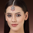 Rhodium Plated Silver Toned Floral Red American Diamond Studded Maang Tikka with Elegant Dangling Stones