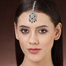 Rhodium Plated Silver Toned Floral Green American Diamond Studded Maang Tikka with Elegant Dangling Stones