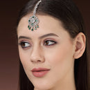 Rhodium Plated Silver Toned Floral Green American Diamond Studded Maang Tikka with Elegant Dangling Stones