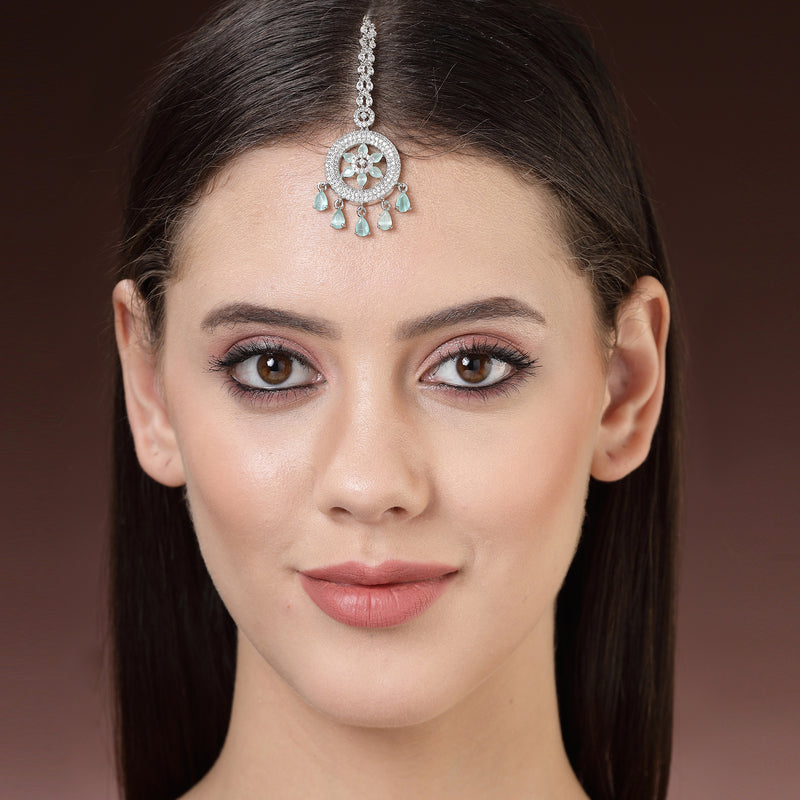 Rhodium Plated Silver Toned Mint Green American Diamond  Maang Tikka  with Elegant Dangling Stones