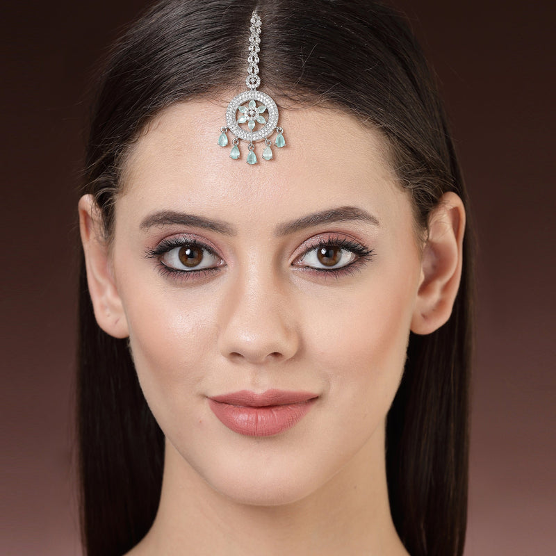 Rhodium Plated Silver Toned Mint Green American Diamond  Maang Tikka  with Elegant Dangling Stones