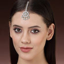 Rhodium Plated Silver Toned Mint Green American Diamond  Maang Tikka  with Elegant Dangling Stones