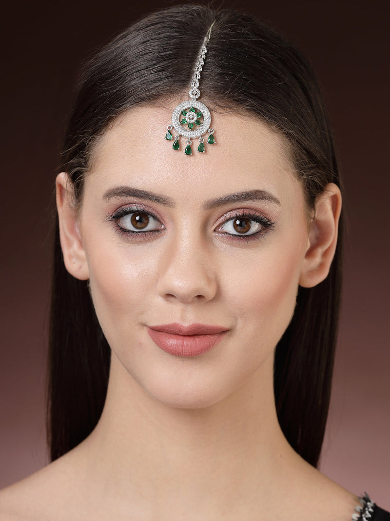 Rhodium Plated Silver Toned Green American Diamond Studded Maang Tikka with Elegant Dangling Stones