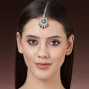 Rhodium Plated Silver Toned Green American Diamond Studded Maang Tikka with Elegant Dangling Stones