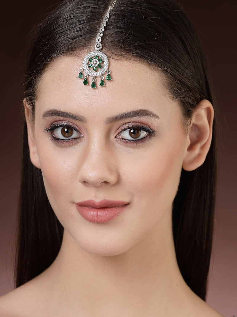 Rhodium Plated Silver Toned Green American Diamond Studded Maang Tikka with Elegant Dangling Stones
