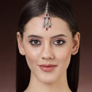 Rhodium Plated Silver Toned Ruby Red & White American Diamond Bridal Maang Tikka With Dangling Teardrop Stones