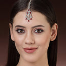 Rhodium Plated Silver Toned Ruby Red & White American Diamond Bridal Maang Tikka With Dangling Teardrop Stones