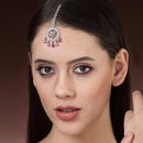 Rhodium Plated Silver Toned Red American Diamond Studded Maang Tikka with Elegant Dangling Stones