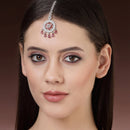Rhodium Plated Silver Toned Red American Diamond Studded Maang Tikka with Elegant Dangling Stones