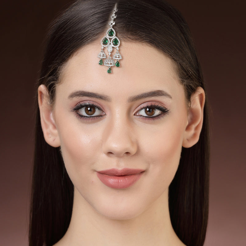 Rhodium Plated Silver Toned Green & White American Diamond Bridal Maang Tikka With Dangling Teardrop Stones