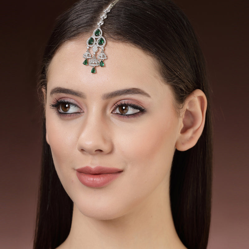 Rhodium Plated Silver Toned Green & White American Diamond Bridal Maang Tikka With Dangling Teardrop Stones