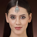 Rhodium Plated Silver Toned Mint Green American Diamond Pear Maang Tikka  with Elegant Dangling Stones