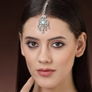 Rhodium Plated Silver Toned Mint Green American Diamond Pear Maang Tikka  with Elegant Dangling Stones