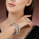 Rhodium Plated Silver Toned Sea Green & Pink Square AD Studded Set Of 2 Stylish Bangles