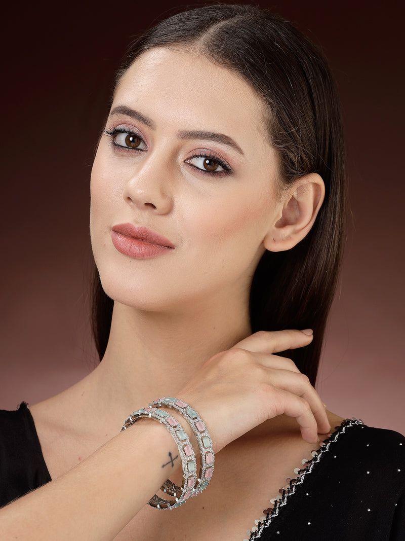 Rhodium Plated Silver Toned Sea Green & Pink Square AD Studded Set Of 2 Stylish Bangles