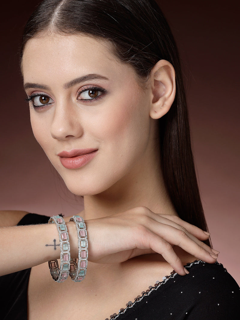 Rhodium Plated Silver Toned Sea Green & Pink Square AD Studded Set Of 2 Stylish Bangles