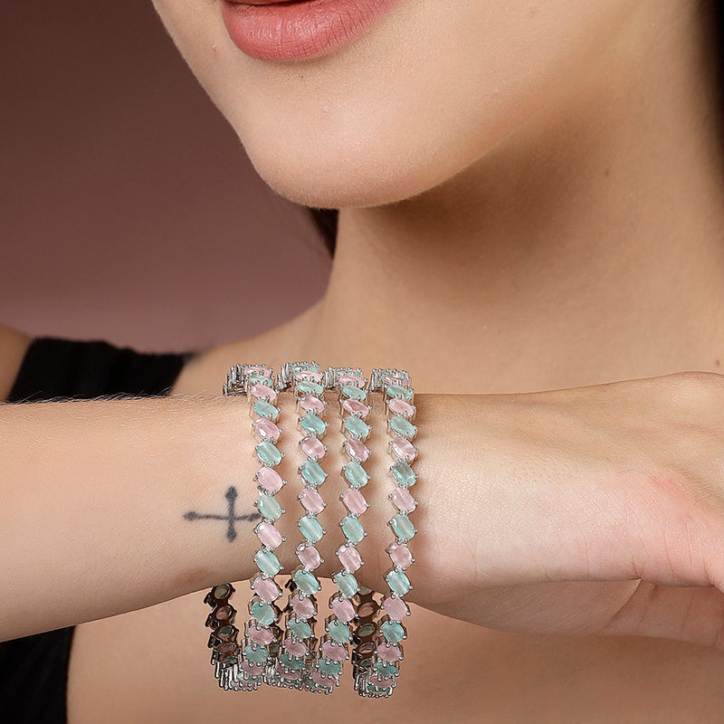 Rhodium Plated Silver Toned Sea Green & Pink Rectangle AD Studded Set Of 4 Stylish Bangles