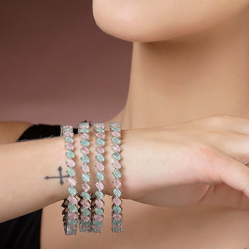Rhodium Plated Silver Toned Sea Green & Pink Rectangle AD Studded Set Of 4 Stylish Bangles