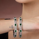 Rhodium Plated Silver Toned Green Square AD Studded Set Of 2 Floral Stylish Bangles