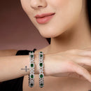 Rhodium Plated Silver Toned Green Square AD Studded Set Of 2 Floral Stylish Bangles