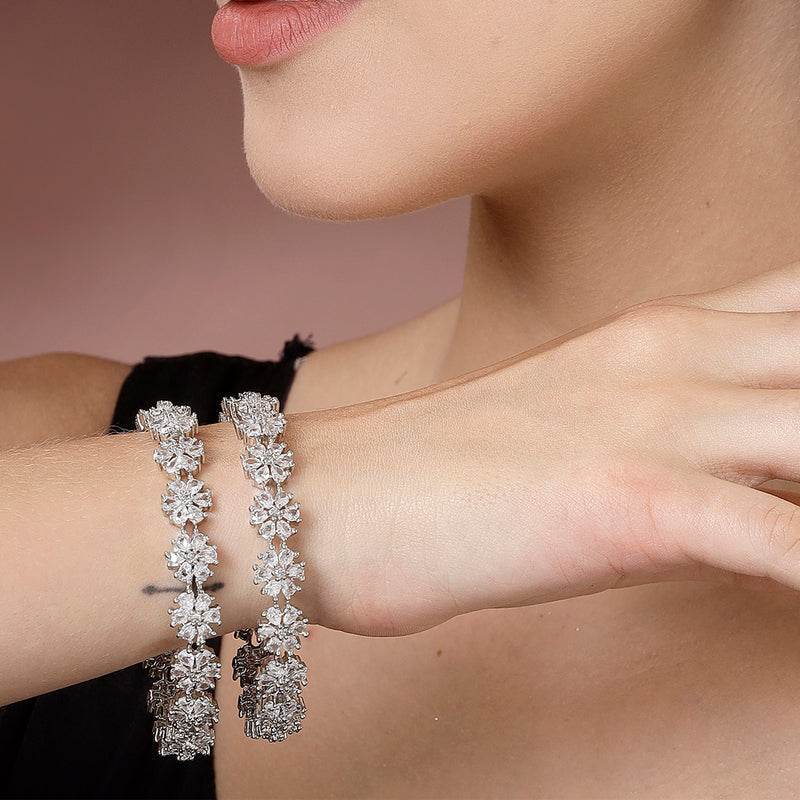 Rhodium Plated Silver Toned White AD Studded Set Of 2 Stylish Floral Design Bangles