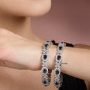 Rhodium Plated Silver Toned Royal Blue Square AD Studded Set Of 2 Floral Stylish Bangles