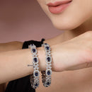 Rhodium Plated Silver Toned Royal Blue Square AD Studded Set Of 2 Floral Stylish Bangles