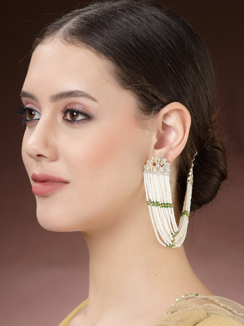 Rhodium Plated with White Pearls Studded Long Chain Attachment for Earrings